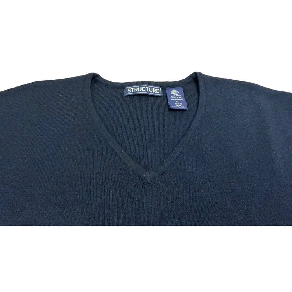 STRUCTURE 100% Merano Wool Sweater Vest Sz XL Navy Blue Classic Preppy 80 90s